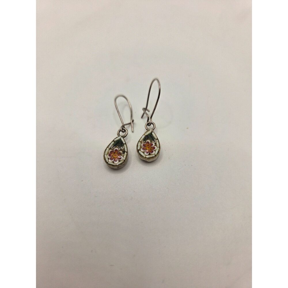 1847. Dainty Vintage Micro Mosaic Tear Drop Floral Earrings